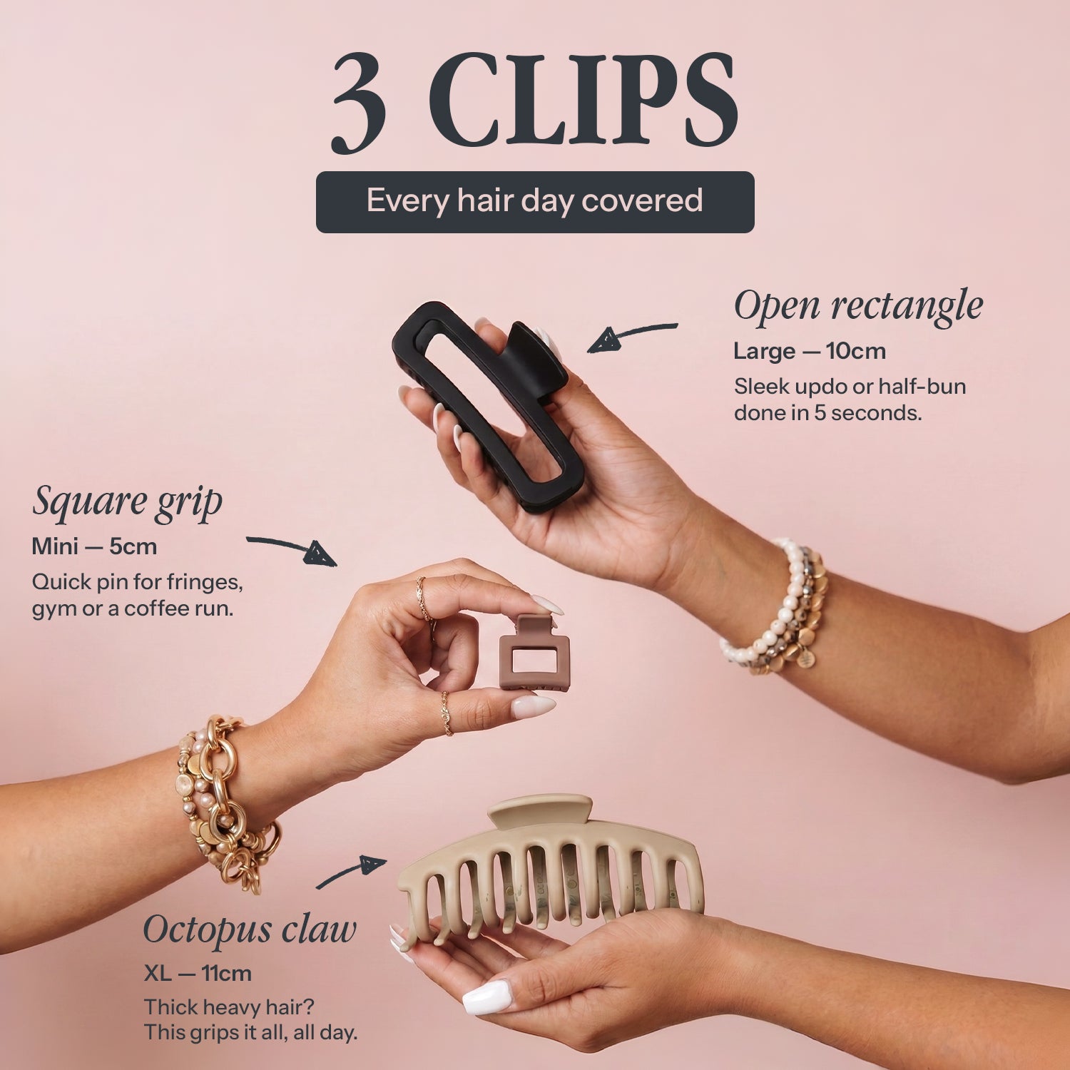 3 Assorted Claw clips for women - Hair Accessories for your daily hair do